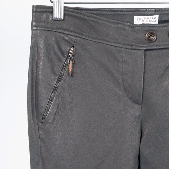 Brunello Cucinelli Grey Leather Quilted Moto Skinny Pants - Picture 5 of 15